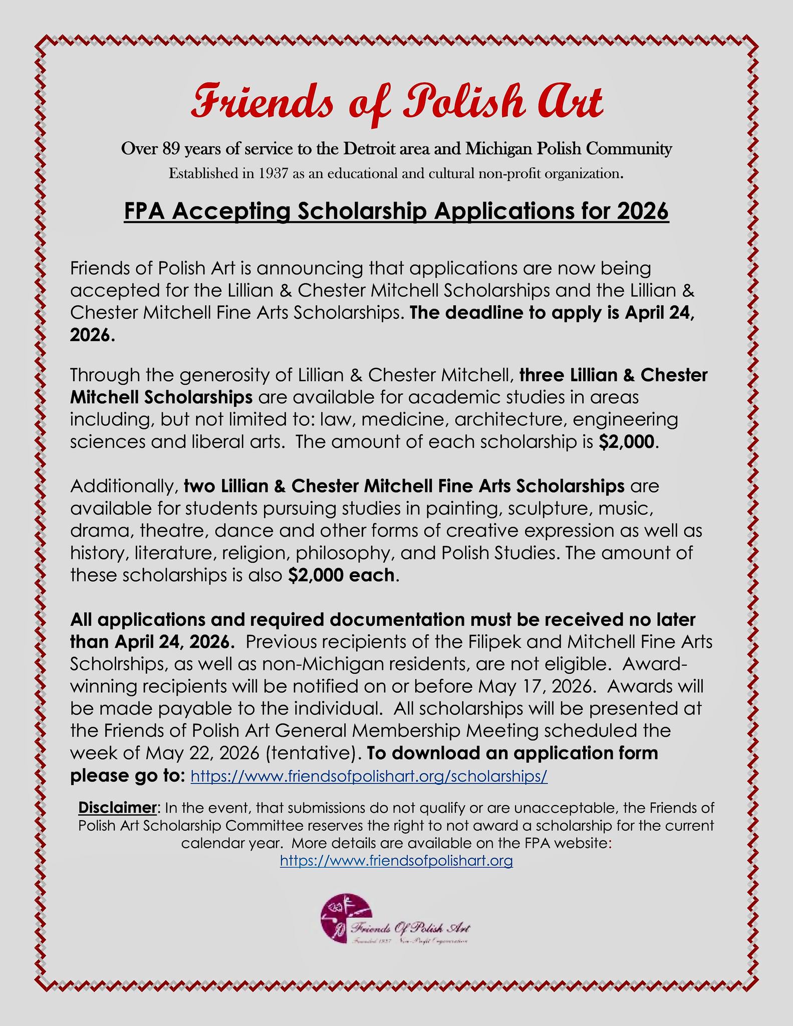 Friends Of Polish Art - Scholarship Applications 2026